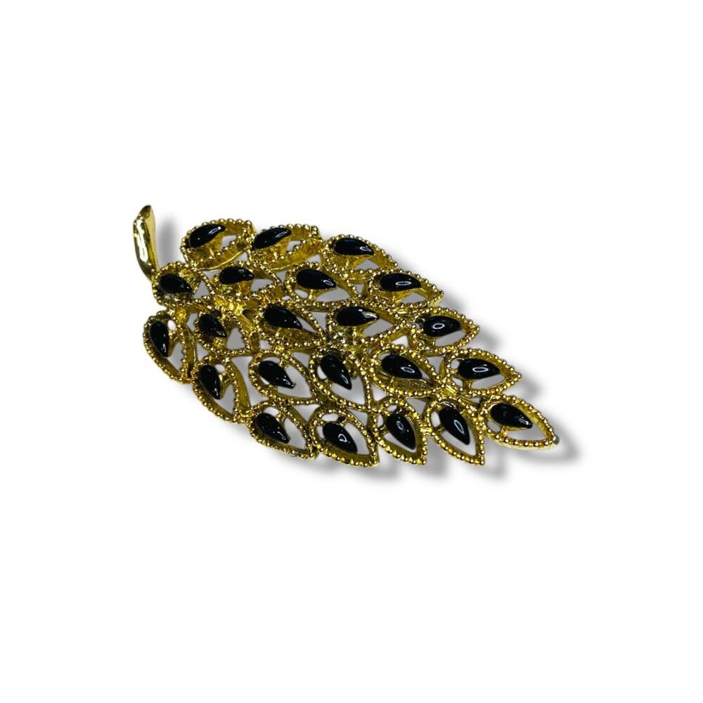 Vintage Signed Gerrys Brooch Pin Leaf Black‎ Insets 2.6"